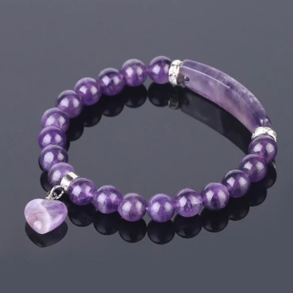 🆕New Intuitive Heart Amethyst Beaded Bracelet with Heart Charm - Picture 2 of 7